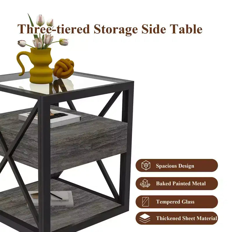 Lot de 2 tables de chevet avec tiroir et plateau en verre trempé, table d'appoint industrielle - Modernluxe