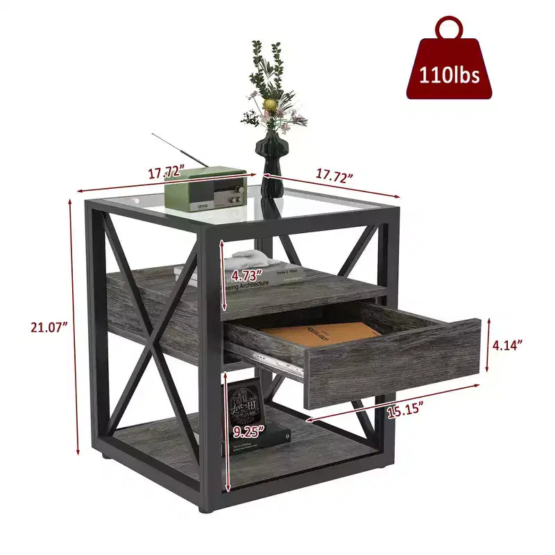 Lot de 2 tables de chevet avec tiroir et plateau en verre trempé, table d'appoint industrielle - Modernluxe