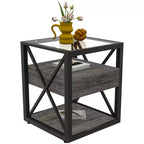 Lot de 2 tables de chevet avec tiroir et plateau en verre trempé, table d'appoint industrielle - Modernluxe