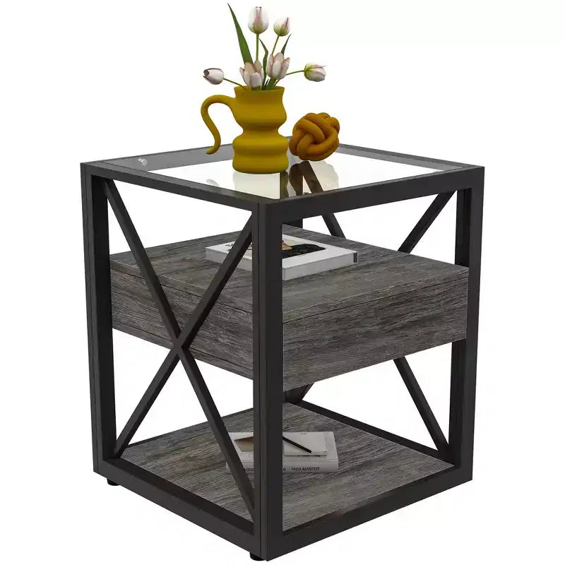 Lot de 2 tables de chevet avec tiroir et plateau en verre trempé, table d'appoint industrielle - Modernluxe