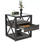 Lot de 2 tables de chevet avec tiroir et plateau en verre trempé, table d'appoint industrielle - Modernluxe