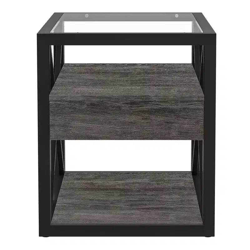 Lot de 2 tables de chevet avec tiroir et plateau en verre trempé, table d'appoint industrielle - Modernluxe