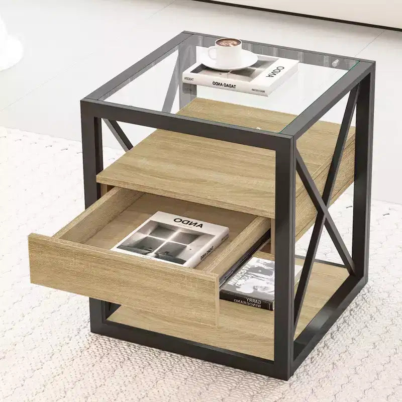Lot de 2 tables de chevet avec tiroir et plateau en verre trempé, table d'appoint industrielle - Modernluxe