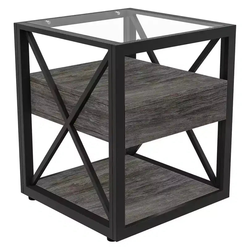 Lot de 2 tables de chevet avec tiroir et plateau en verre trempé, table d'appoint industrielle - Modernluxe