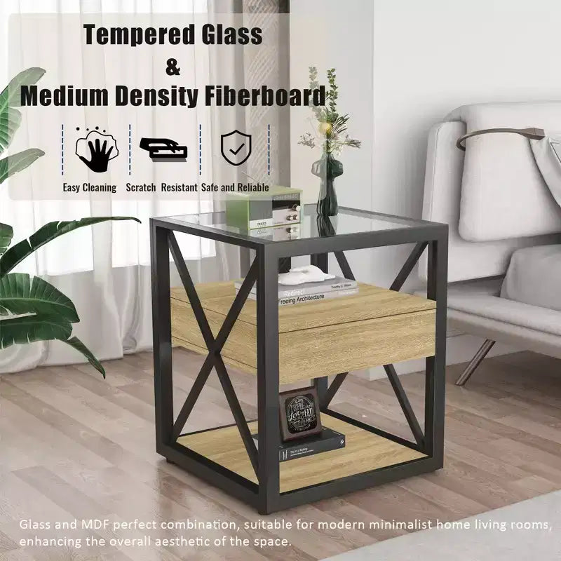 Lot de 2 tables de chevet avec tiroir et plateau en verre trempé, table d'appoint industrielle - Modernluxe