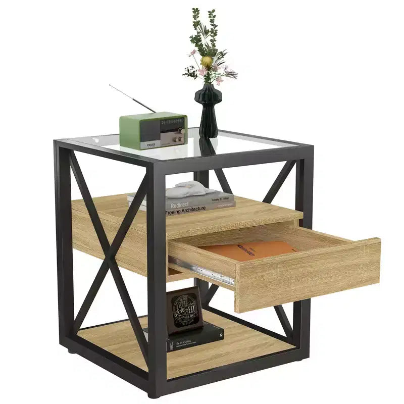 Lot de 2 tables de chevet avec tiroir et plateau en verre trempé, table d'appoint industrielle - Modernluxe