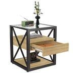 Lot de 2 tables de chevet avec tiroir et plateau en verre trempé, table d'appoint industrielle - Modernluxe