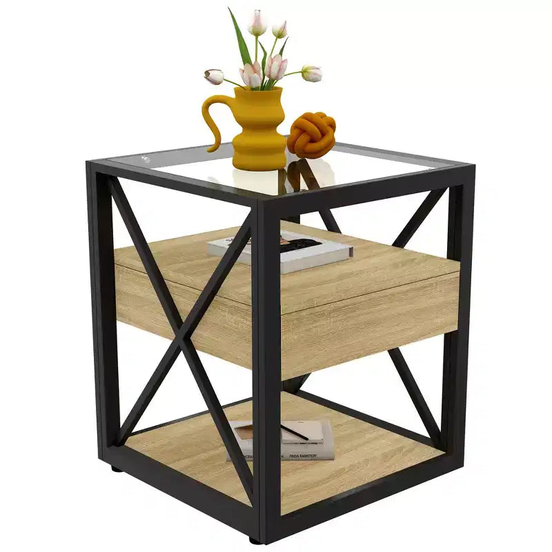 Lot de 2 tables de chevet avec tiroir et plateau en verre trempé, table d'appoint industrielle - Modernluxe