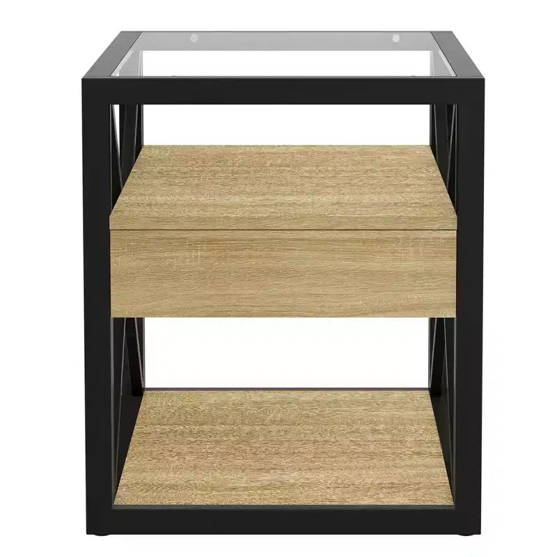 Lot de 2 tables de chevet avec tiroir et plateau en verre trempé, table d'appoint industrielle - Modernluxe