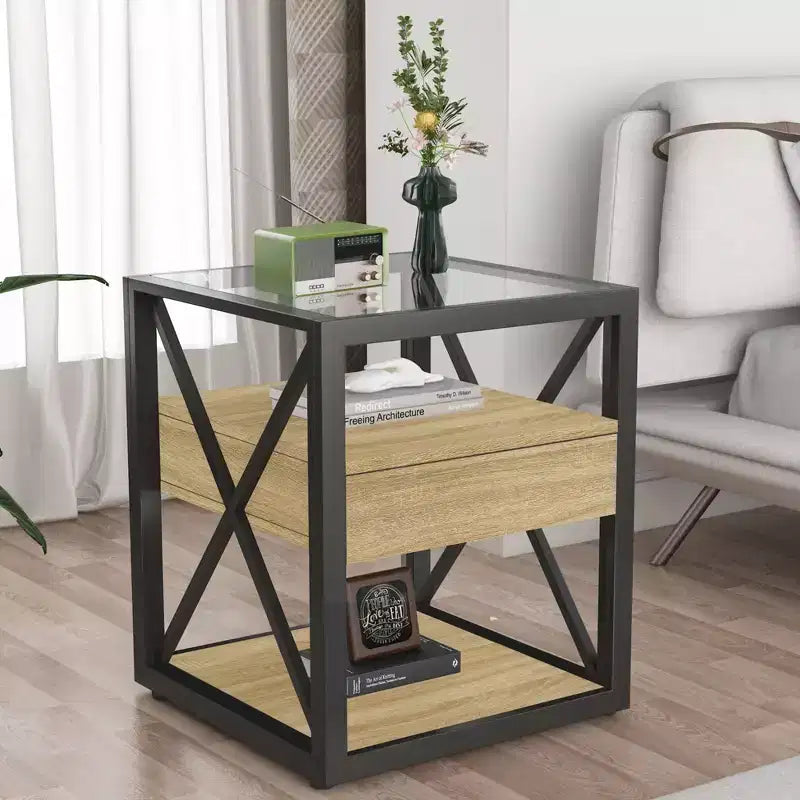 Set of 2 Nightstand with Drawer&Tempered Glass Top, Industrial End Table Accent Table Side Table-Modernluxe