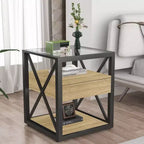 Set of 2 Nightstand with Drawer&Tempered Glass Top, Industrial End Table Accent Table Side Table-Modernluxe
