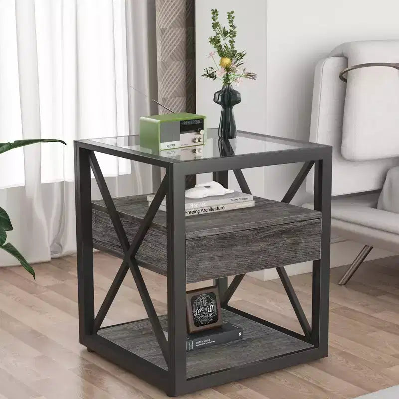 Lot de 2 tables de chevet avec tiroir et plateau en verre trempé, table d'appoint industrielle - Modernluxe
