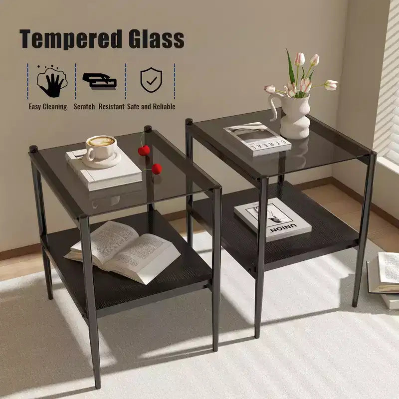 MAYEERTY Ensemble de 3 tables basses et tables d'appoint, Table en verre trempé avec couche en MDF, Tables modernes pour salon, Verre gris