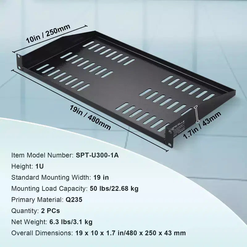 VEVOR Lot de 2 étagères pour serveur 1U, profondeur 10/254 mm, capacité de charge maximale 22,7 kg, étagère de montage murale ou en porte-à-faux ventilée avec plateau