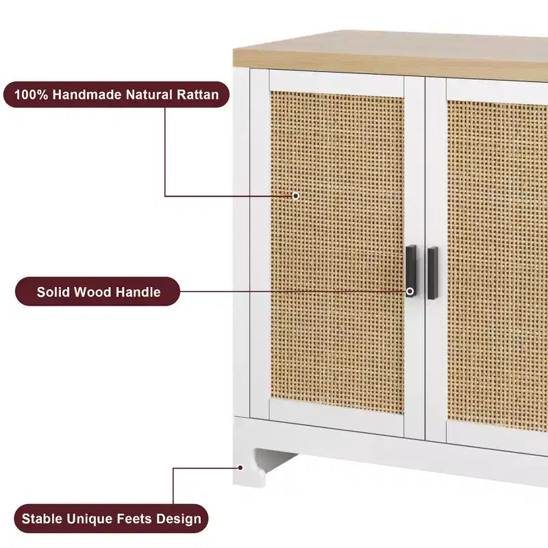 Meuble de rangement en rotin, Buffet avec 4 portes et étagères, pour salle à manger, cuisine, salon et entrée, couleur contrastante