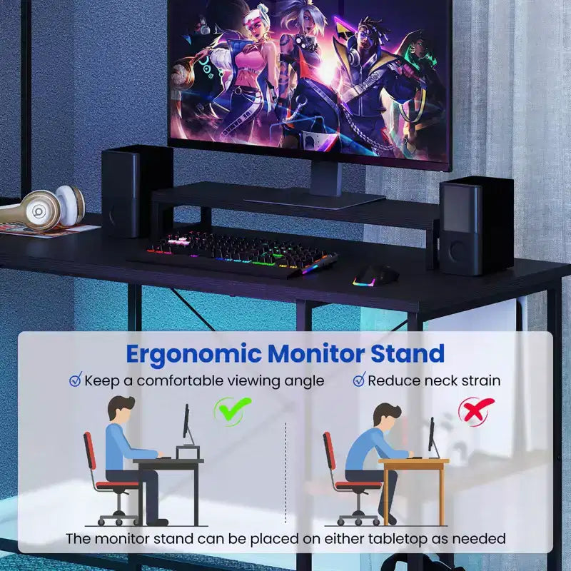 Bureau de jeu en forme de L Costway avec bande LED et prises de courant, étagère supérieure, support d'écran, support de tour d'ordinateur Marron/Noir/Gris