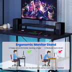 Bureau de jeu en forme de L Costway avec bande LED et prises de courant, étagère supérieure, support d'écran, support de tour d'ordinateur Marron/Noir/Gris
