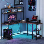 Bureau de jeu en forme de L Costway avec bande LED et prises de courant, étagère supérieure, support d'écran, support de tour d'ordinateur Marron/Noir/Gris