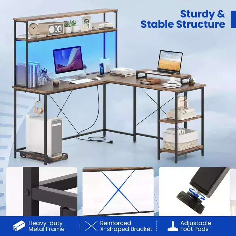 Bureau de jeu en forme de L Costway avec bande LED et prises de courant, étagère supérieure, support d'écran, support de tour d'ordinateur Marron/Noir/Gris