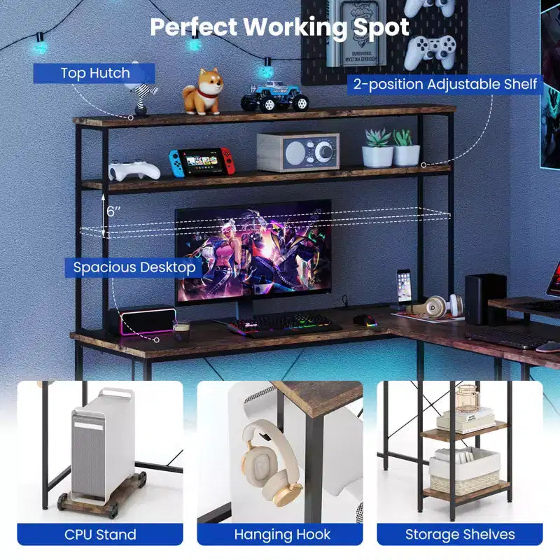 Bureau de jeu en forme de L Costway avec bande LED et prises de courant, étagère supérieure, support d'écran, support de tour d'ordinateur Marron/Noir/Gris