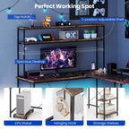 Bureau de jeu en forme de L Costway avec bande LED et prises de courant, étagère supérieure, support d'écran, support de tour d'ordinateur Marron/Noir/Gris