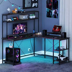 Bureau de jeu en forme de L Costway avec bande LED et prises de courant, étagère supérieure, support d'écran, support de tour d'ordinateur Marron/Noir/Gris