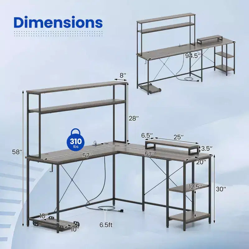 Bureau de jeu en forme de L Costway avec bande LED et prises de courant, étagère supérieure, support d'écran, support de tour d'ordinateur Marron/Noir/Gris