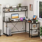 Bureau de jeu en forme de L Costway avec bande LED et prises de courant, étagère supérieure, support d'écran, support de tour d'ordinateur Marron/Noir/Gris