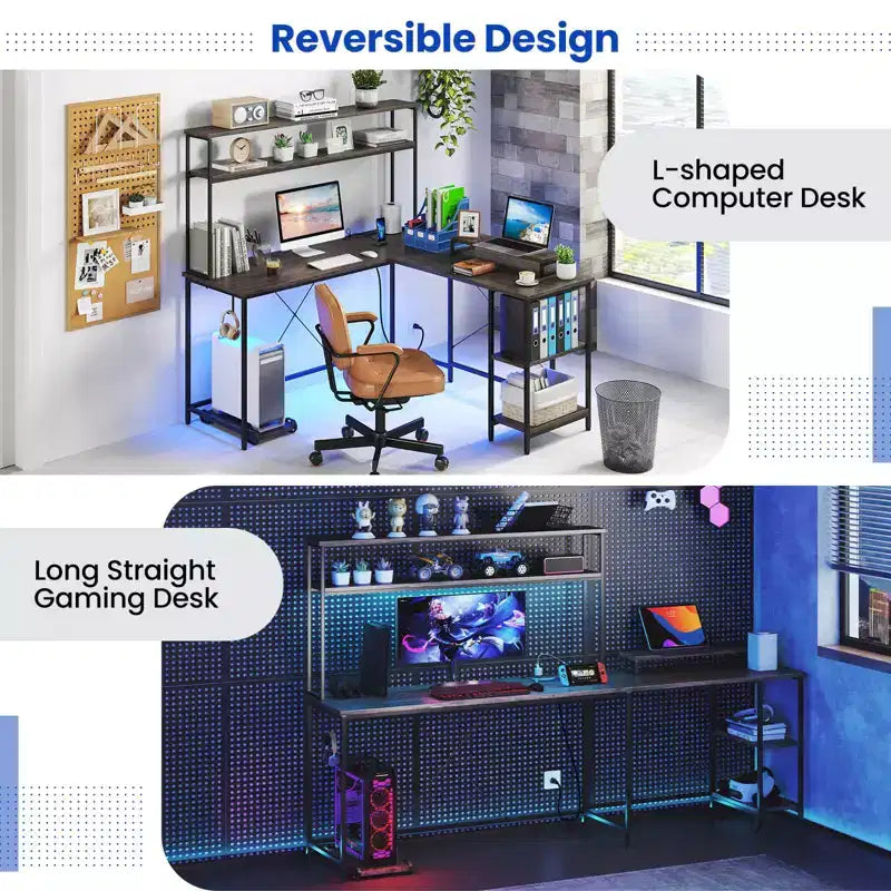 Bureau de jeu en forme de L Costway avec bande LED et prises de courant, étagère supérieure, support d'écran, support de tour d'ordinateur Marron/Noir/Gris