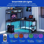 Bureau de jeu en forme de L Costway avec bande LED et prises de courant, étagère supérieure, support d'écran, support de tour d'ordinateur Marron/Noir/Gris
