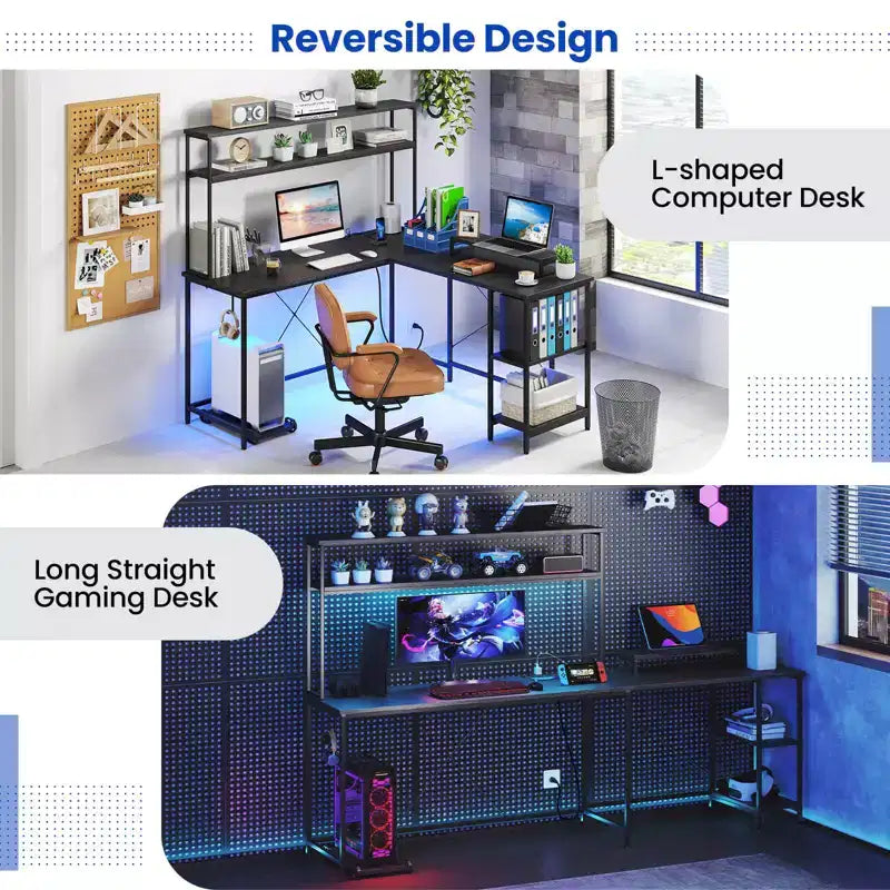 Bureau de jeu en forme de L Costway avec bande LED et prises de courant, étagère supérieure, support d'écran, support de tour d'ordinateur Marron/Noir/Gris