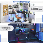 Bureau de jeu en forme de L Costway avec bande LED et prises de courant, étagère supérieure, support d'écran, support de tour d'ordinateur Marron/Noir/Gris