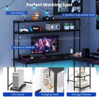 Bureau de jeu en forme de L Costway avec bande LED et prises de courant, étagère supérieure, support d'écran, support de tour d'ordinateur Marron/Noir/Gris