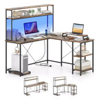 Bureau de jeu en forme de L Costway avec bande LED et prises de courant, étagère supérieure, support d'écran, support de tour d'ordinateur Marron/Noir/Gris
