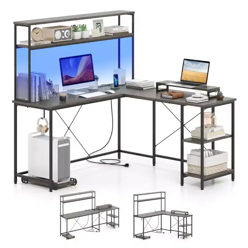 Bureau de jeu en forme de L Costway avec bande LED et prises de courant, étagère supérieure, support d'écran, support de tour d'ordinateur Marron/Noir/Gris