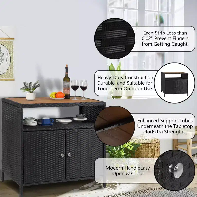 Armoire de rangement en rotin, Armoire d'extérieur pour patio, Desserte de bar d'extérieur avec 2 portes et étagères réglables