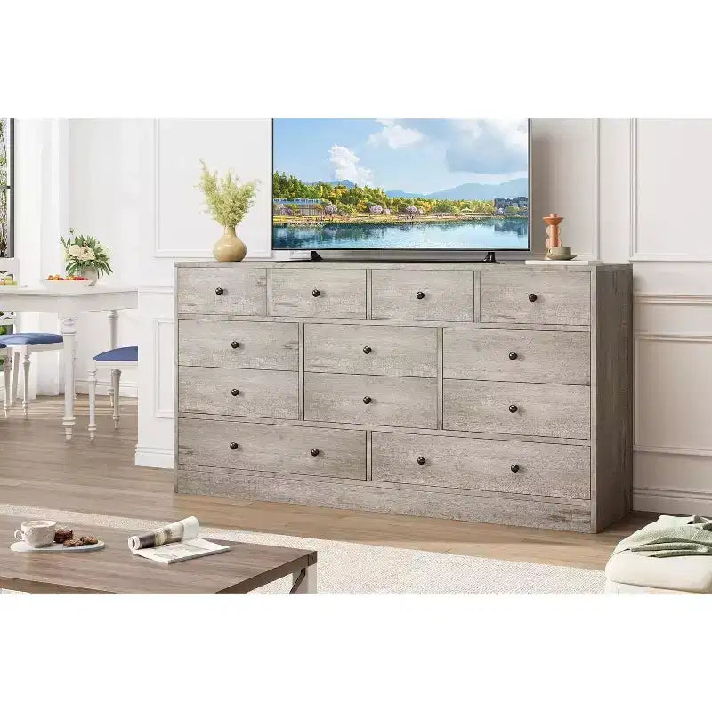 Commode à 12 tiroirs pour chambre à coucher, coffre en bois de 61 po avec prise de courant intégrée, grand organisateur de rangement pour vêtements, salon, couloir ou bureau