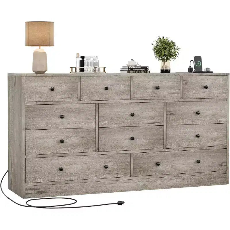 Commode à 12 tiroirs pour chambre à coucher, coffre en bois de 61 po avec prise de courant intégrée, grand organisateur de rangement pour vêtements, salon, couloir ou bureau
