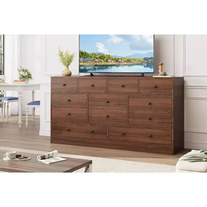 Commode à 12 tiroirs pour chambre à coucher, coffre en bois de 61 po avec prise de courant intégrée, grand organisateur de rangement pour vêtements, salon, couloir ou bureau