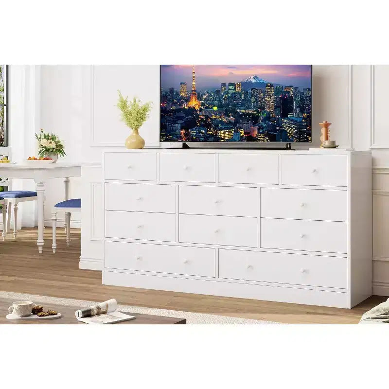 Commode à 12 tiroirs pour chambre à coucher, coffre en bois de 61 po avec prise de courant intégrée, grand organisateur de rangement pour vêtements, salon, couloir ou bureau
