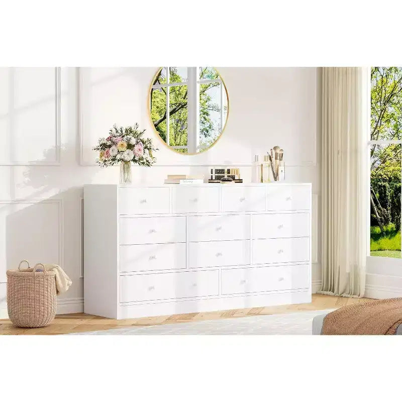 Commode à 12 tiroirs pour chambre à coucher, coffre en bois de 61 po avec prise de courant intégrée, grand organisateur de rangement pour vêtements, salon, couloir ou bureau
