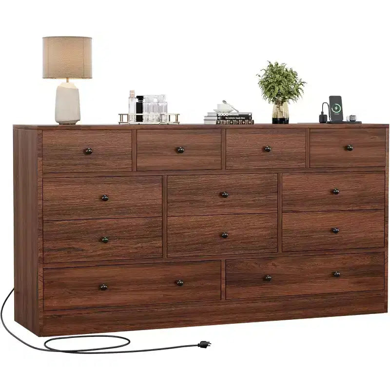 Commode à 12 tiroirs pour chambre à coucher, coffre en bois de 61 po avec prise de courant intégrée, grand organisateur de rangement pour vêtements, salon, couloir ou bureau