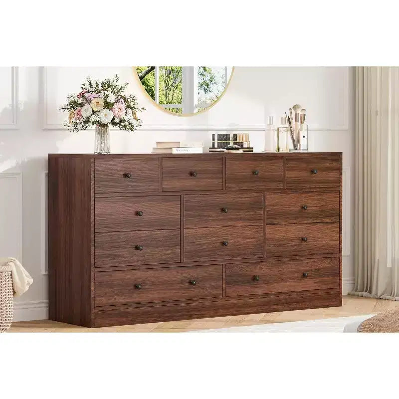 Commode à 12 tiroirs pour chambre à coucher, coffre en bois de 61 po avec prise de courant intégrée, grand organisateur de rangement pour vêtements, salon, couloir ou bureau