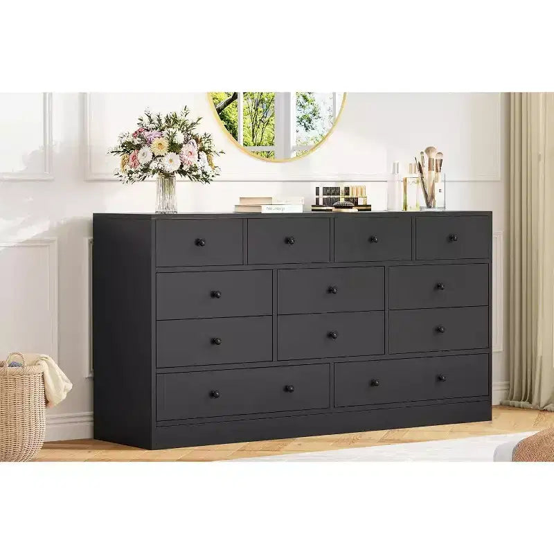 Commode à 12 tiroirs pour chambre à coucher, coffre en bois de 61 po avec prise de courant intégrée, grand organisateur de rangement pour vêtements, salon, couloir ou bureau