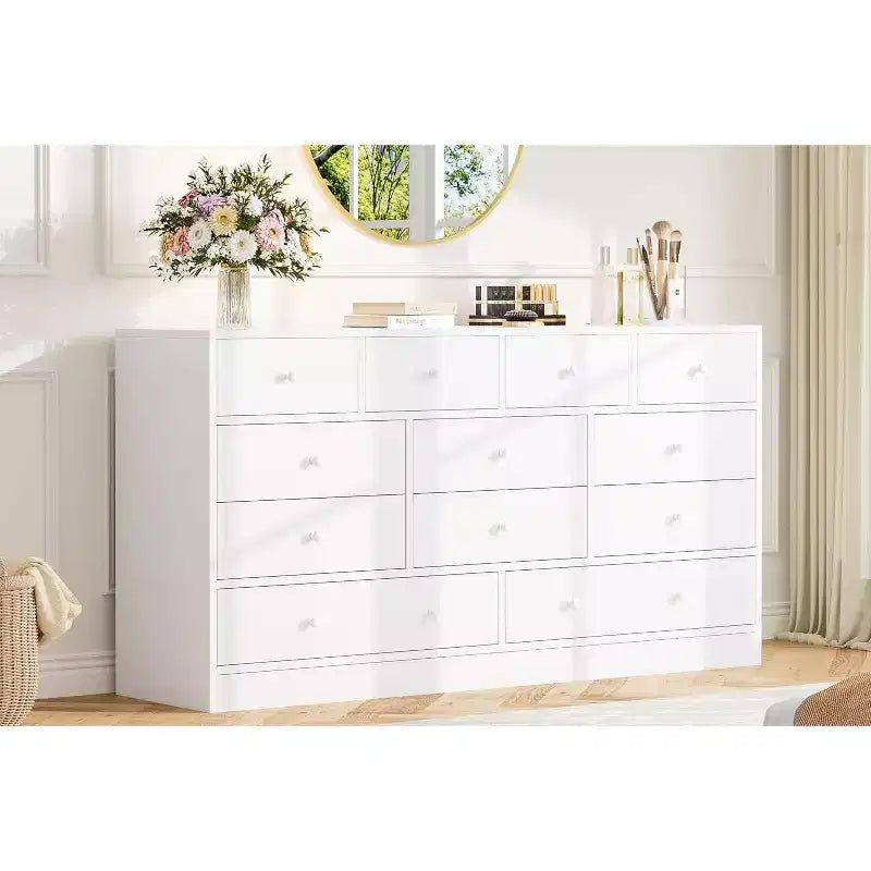 12-Drawer Dresser for Bedroom, 61 Wooden Chest with Built-In Power Outlet, Large Storage Organizer for Clothes, Living Room, Hallway, or Office