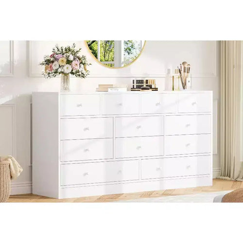 12-Drawer Dresser for Bedroom, 61 Wooden Chest with Built-In Power Outlet, Large Storage Organizer for Clothes, Living Room, Hallway, or Office