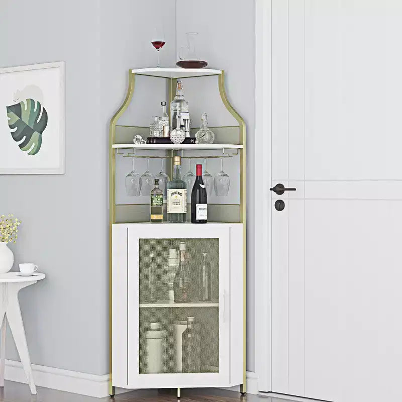 Étagère à vin d'angle, étagère à 5 niveaux avec casier à vin amovible, meuble de bar avec support à verres, petit meuble de salle à manger et buffet avec porte en filet