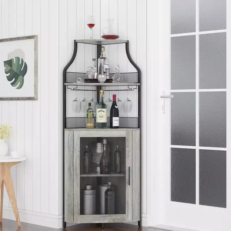 Étagère à vin d'angle, étagère à 5 niveaux avec casier à vin amovible, meuble de bar avec support à verres, petit meuble de salle à manger et buffet avec porte en filet