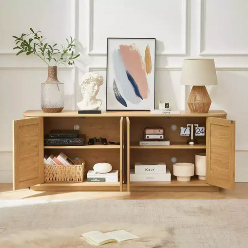 Bahut buffet ondulé 24/31,5H, Meuble TV, Armoire d'angle arrondie avec portes en rotin à rayures verticales en bois, Naturel - ModernLuxe