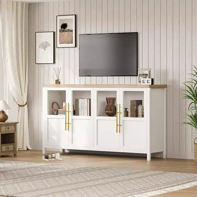 Grand buffet-bahut de 55" avec 4 portes vitrées et étagères, table de rangement de style ferme moderne pour cuisine, salle à manger, salon, couloir